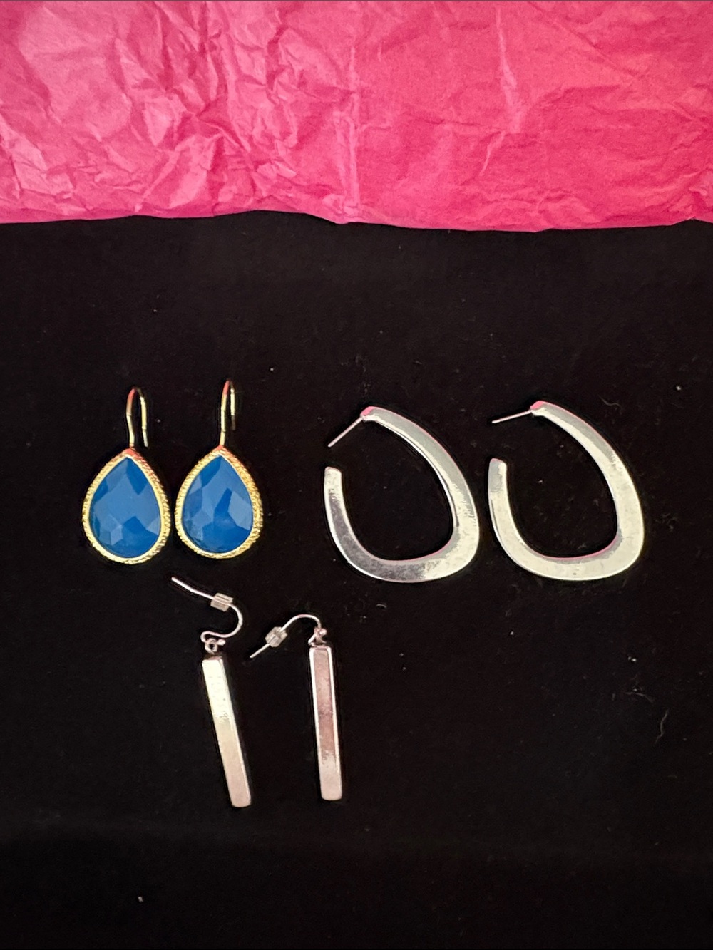 Blue Teardrop Dangle and 2 silver toned drop earrings.